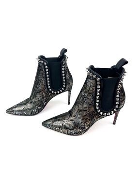 Christian‎ Louboutin Boot Capaboot 85 Suede Rockstud Metallic Snakeskin Ankle